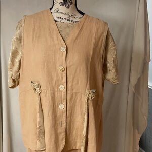 Cachaca  Linen, Three  piece Blouse, Skirt and Vest ensemble, VINTAGE  tan M